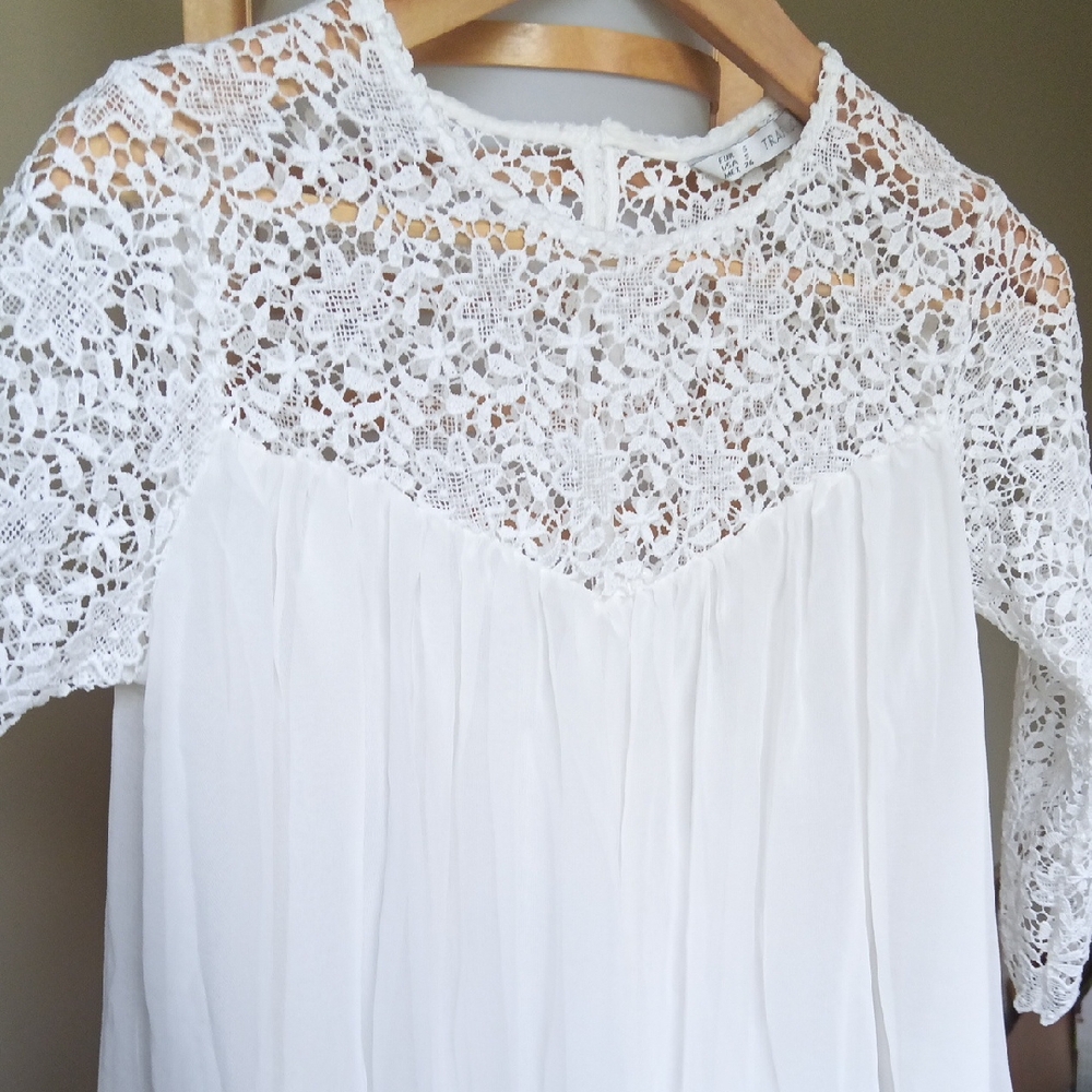 Ptp17.5" Zara Flowy Semi-Sheer White Crop Top With Lace Sleeve - Picture 8 of 11